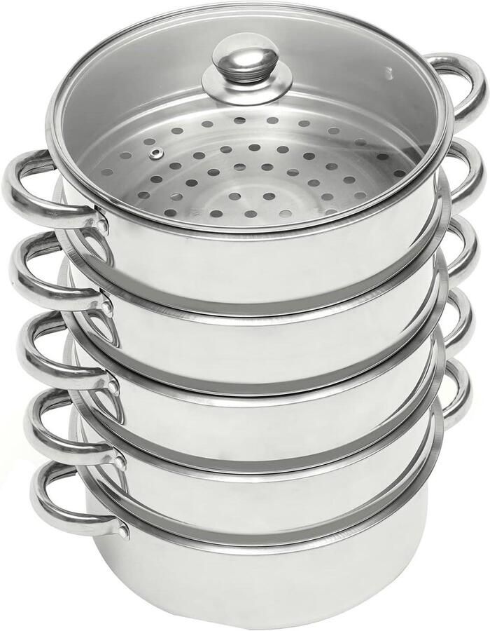Stoomkoker RVS Stoompan 4 etages Gezond Koken Geschikt alle fornuizen 26 cm Zilver