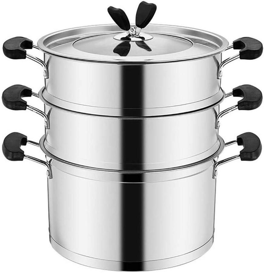 Stoompan Set Stoomschaal Kookpot Gezond Koken Drie Lagen Multifunctioneel Zilverkleurig