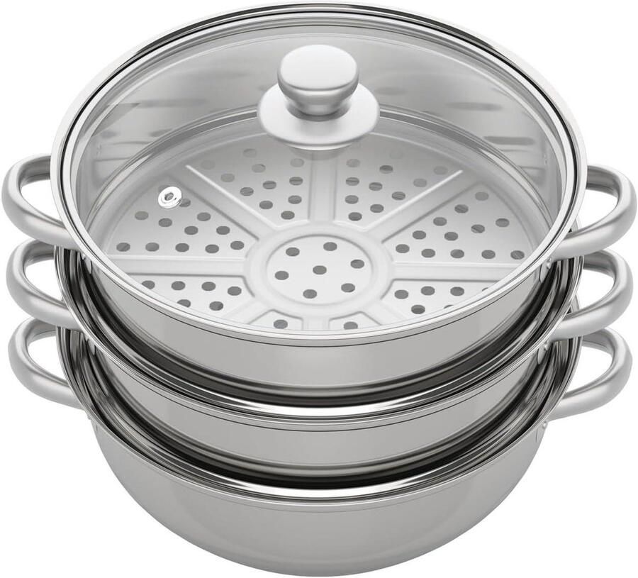 Roestvrijstalen Stoompan Stoomkoker Stoofpan Gezond Koken Verdikt 3-laags Ontwerp 28 cm Zilver