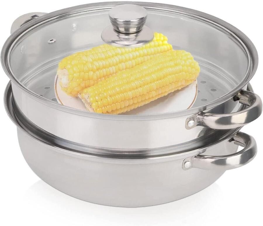 Stoompan Stoomkoker Kookpan Gezond Koken Dubbele Laag 28 cm Zilver