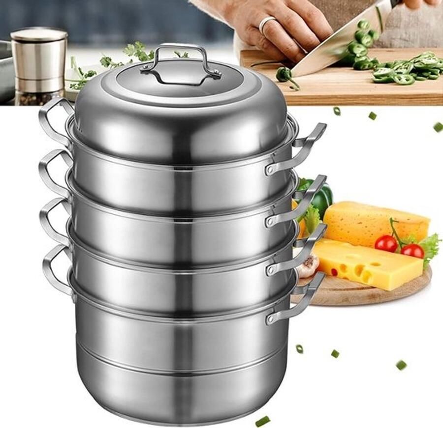 Stoompan Stoommandje Stoofpan met Deksel 3 Laags Zilver met Zwart compacte opslag