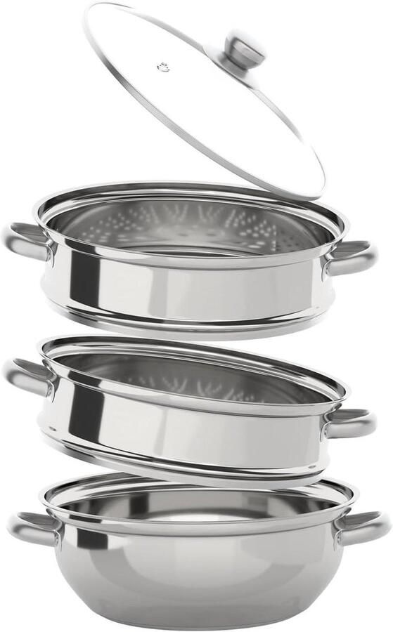 Stoompan Stoommandje Stoofpan met Deksel 3 Laags Zilver met Zwart dagelijks koken