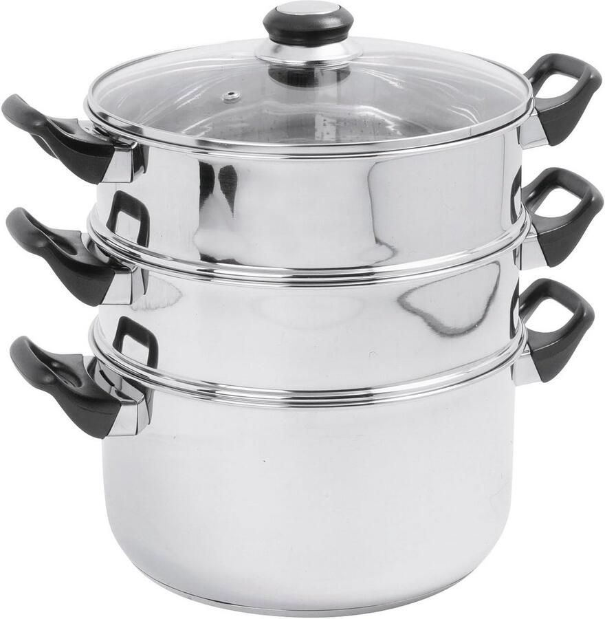 Stoompan Stoommandje Stoofpan met Deksel 3 Laags Zilver met Zwart Gezond