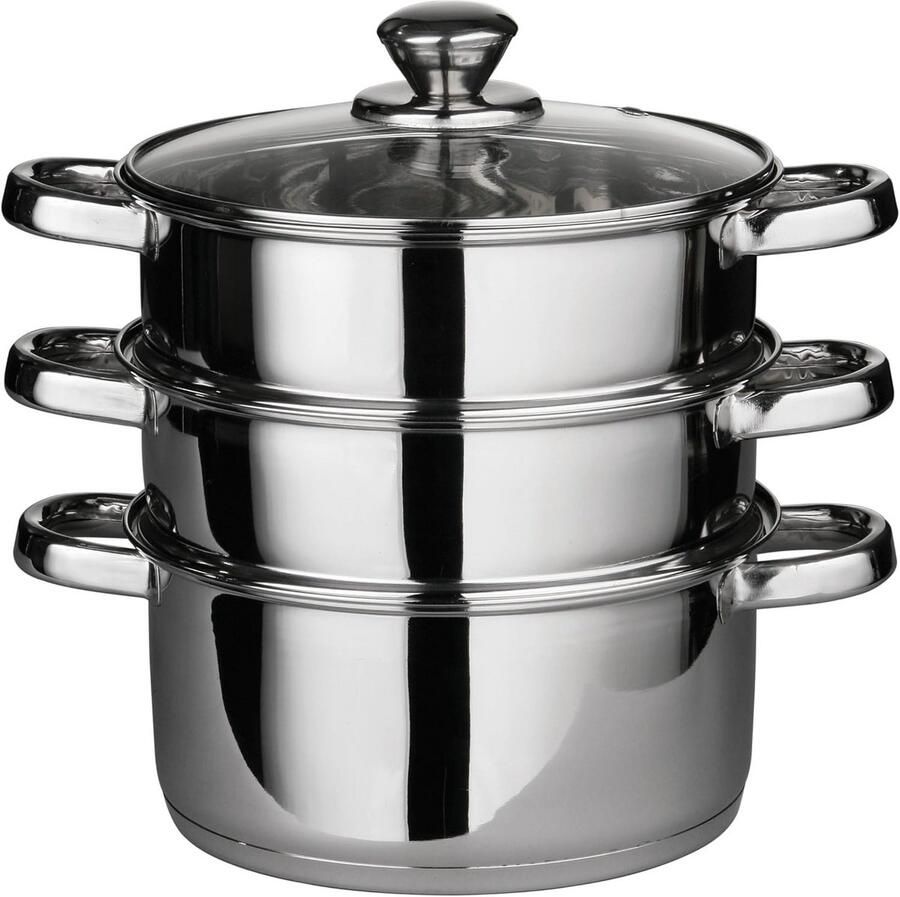 Stoompan Stoommandje Stoofpan met Deksel 3 Laags Zilver met Zwart Koken