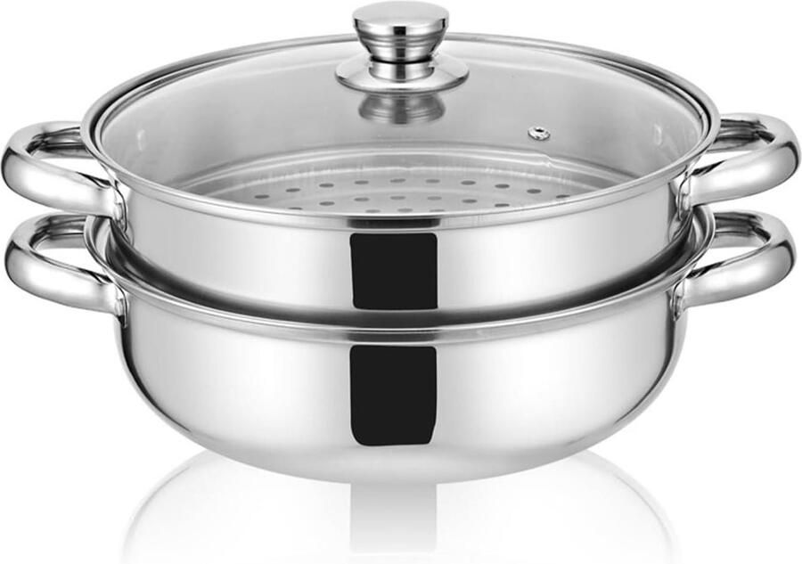 Stoompan Stoommandje Stoofpan met Deksel 3 Laags Zilver met Zwart optimale verdeling