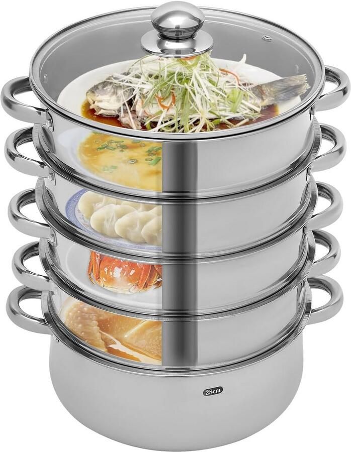 Stoompan Set Groentestomer Kookpan Gezond Koken 5 Etages Ontwerp 28 cm Diameter Zilver