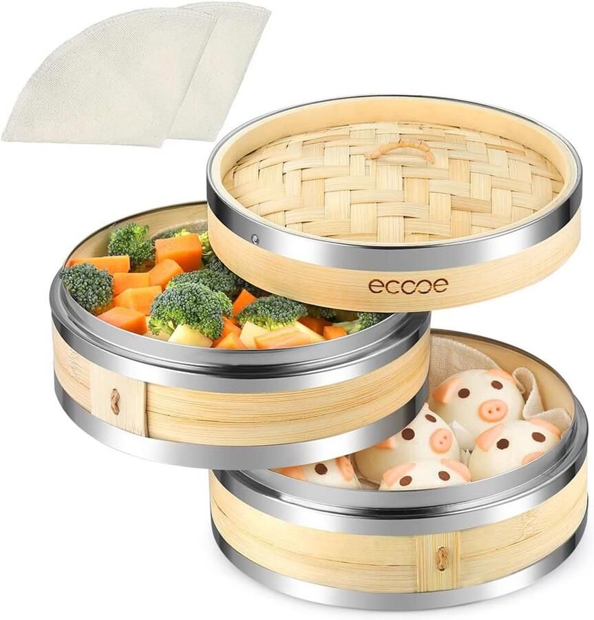Stoompan van bamboe met 2 etages en roestvrijstalen randen Gezond stomen voor rijst groenten en dumplings