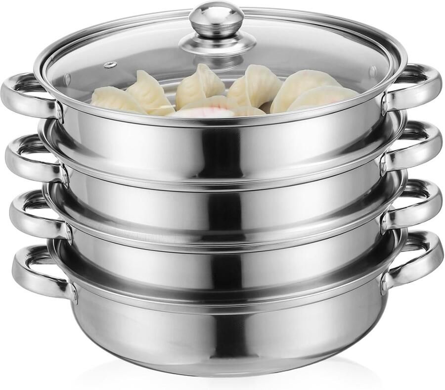 Stoompan Vier Lagen Grote Steamer Gezond Koken Roestvrij Staal 28 x 28 x 29.5 cm Zilverkleurig