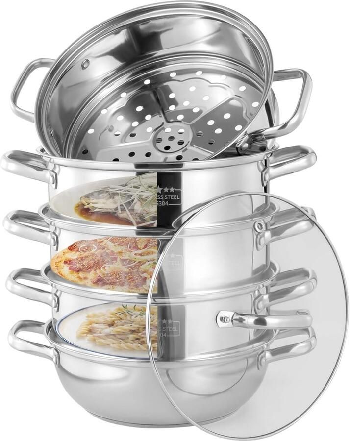Stoompan Vijf Etages Stoomkoker Roestvrij Staal Gezond Koken Voor Alle Warmtebronnen 28 cm Diameter Zilverkleurig