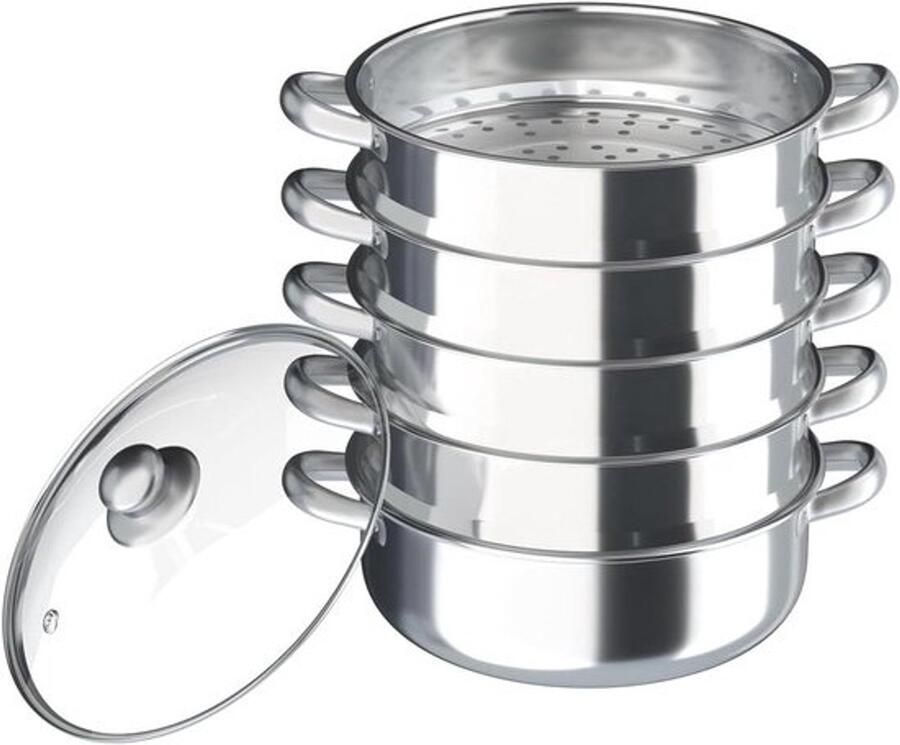 Stoompannenset Stoomkoker Voor gezond koken 5 lagen Roestvrij staal Diameter 30 cm Zilver