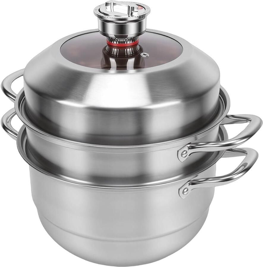 Stoompot RVS Kookpan met lagen Gezond koken Ingebouwde timer 3 lagen Zilverkleurig