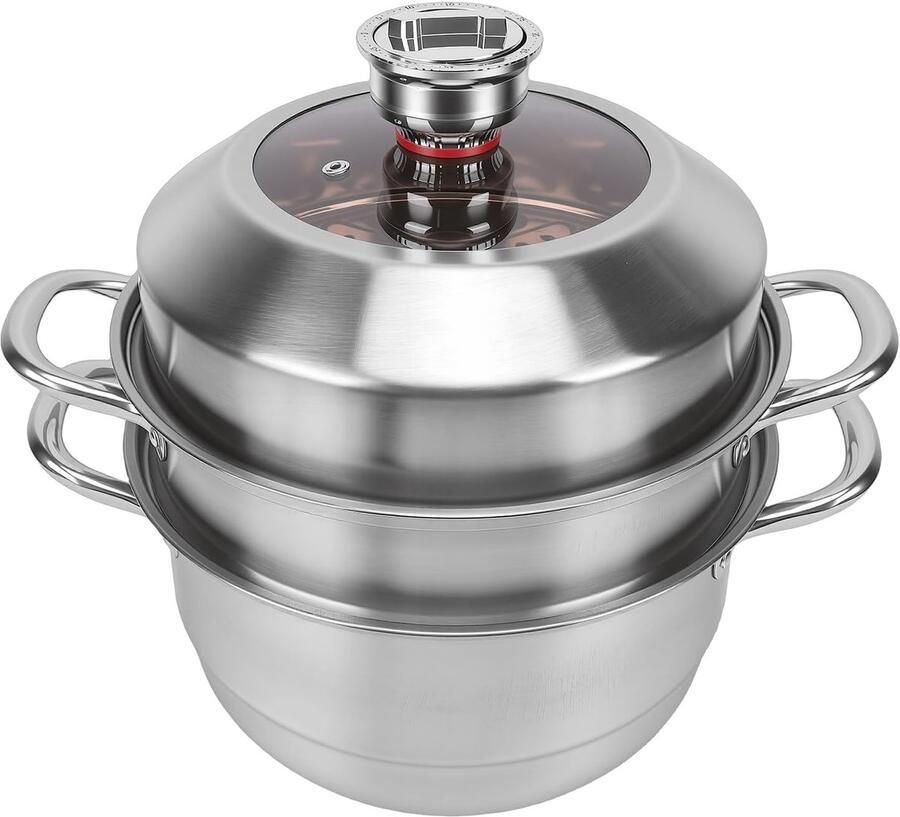 Stoompot Set Kookgerei Gezond Koken Drie Lagen Timer 27.5x36.5x20 cm Zilver