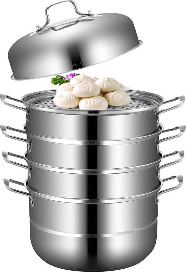 Stoompot Voedsel Steamer Pan met Deksel 5 Lagen 30CM Stoompan van roestvrij staal voor het koken van voedsel Stoompanset Geschikt voor gas- en elektrische grillfornuizen Zilver