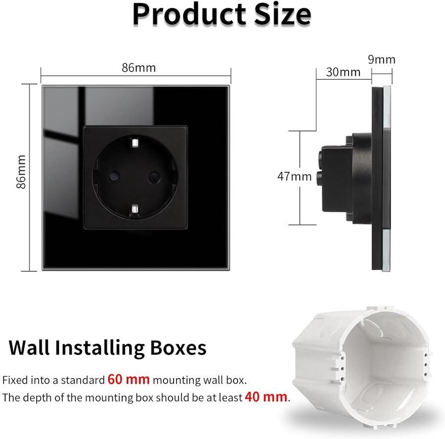 Stopcontacten Zwart Glas Wandcontactdozen Schuko Stopcontact Woonruimte Inrichten Elegant Glazen Paneel 86 x 86 mm Zwart