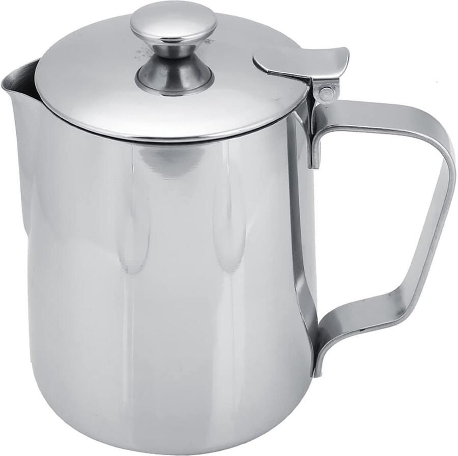 Store_8 Opschuimkan Roestvrijstalen Melkopschuimer Druppelloze Tuit 350ml Koffiekop Geschikt voor Latte Art Inclusief Deksel