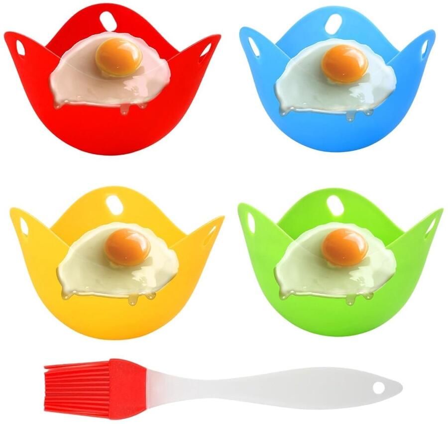 Allecto Gepocheerde Eieren Siliconen Eierkoker BPA-vrij Meerkleurig Magnetron en Fornuis Inclusief Olieborstel
