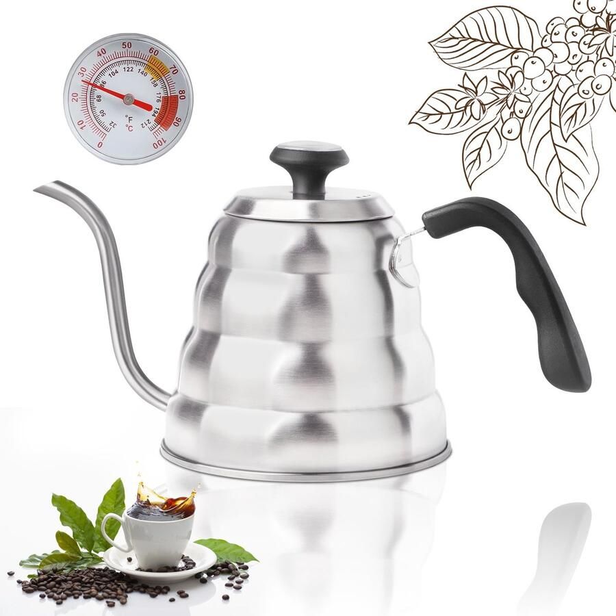 Aladdien Zwanenhalsketel Waterkoker met thermometer Elegante vorm Zilver Roestvrijstaal Ideaal voor koffie en thee 1 2 liter