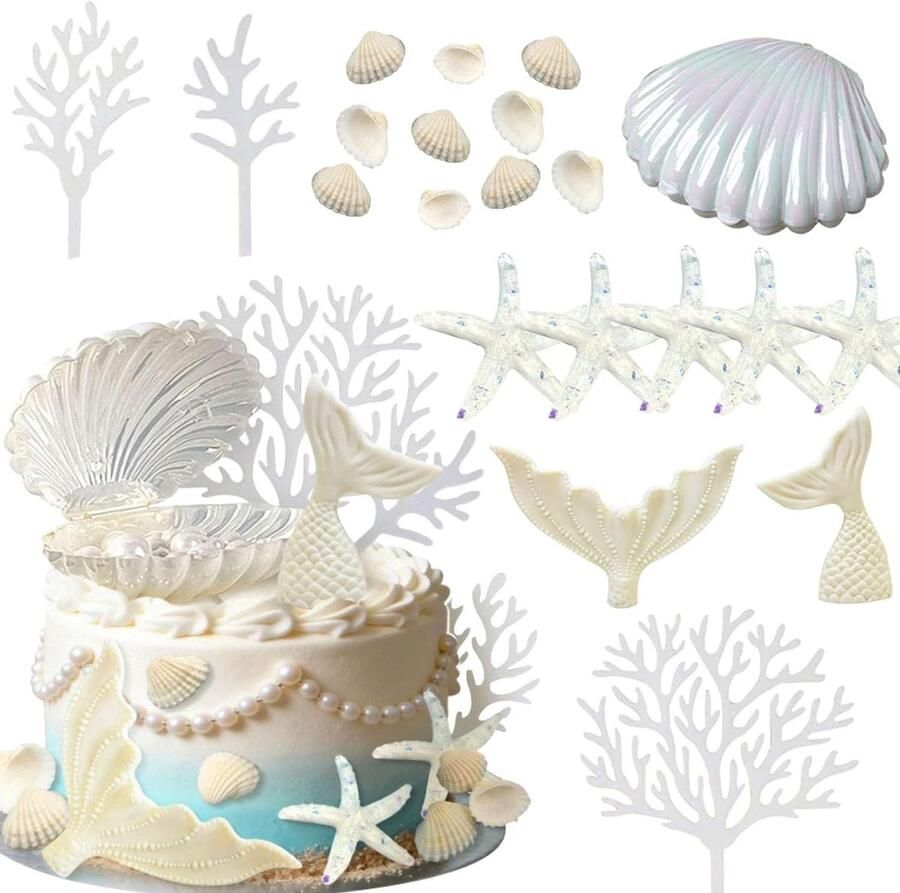 Strandtaartdecoratie 21 stuks Hawaïaanse taartdecoraties verjaardagsfeest zomer strand surfen taart koraal schaaldieren visstaart verjaardag feestaccessoires