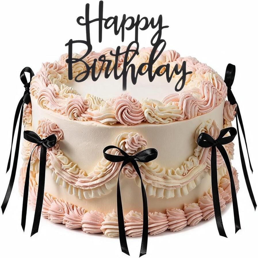 Strik taarttoppers zwarte strikken taartdecoraties met gelukkige verjaardag taarten topper vintage lint boog taarten topper lint strikken voor bruiloft bruidsdouche babyshower