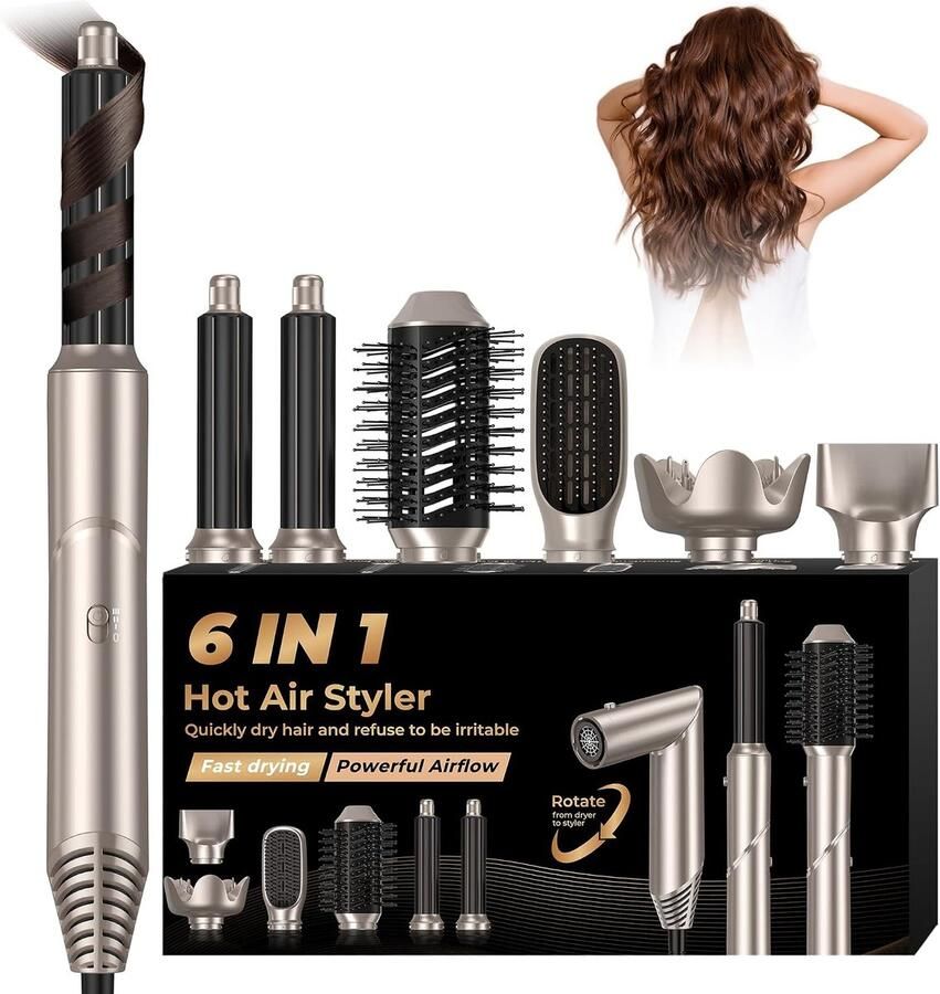 Styler 6-in-1 Air Brush verwarmingsborstel föhn met diffuser 6-in-1 blaasborstel airstyler haarkruller stijlborstel airbrush-set kapsel dames goud