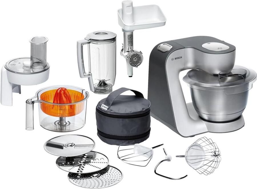 Styline Keukenmachine 900 watt roestvrijstalen mengkom doorloopsnijder kunststof kneedhaken van metaal 27.1 x 28.2 cm x 28 cm zilver grijs