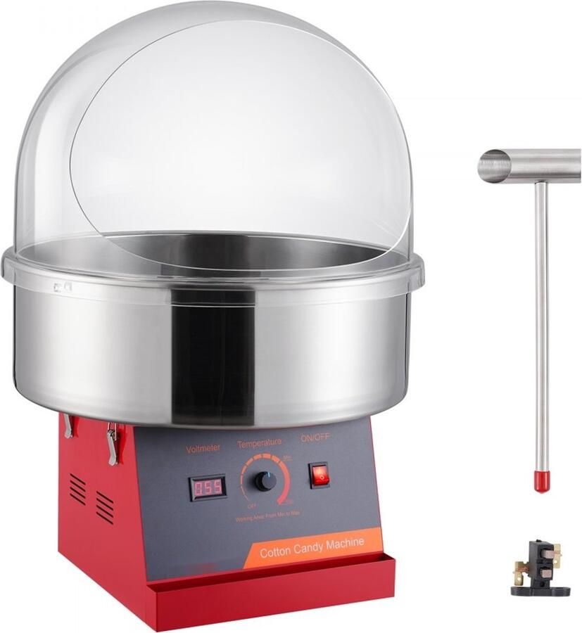 Suikerspinmachine Commercieel Professioneel 1000 W Elektrisch Met Deksel RVS Kom Inclusief Suikerlepel Rood