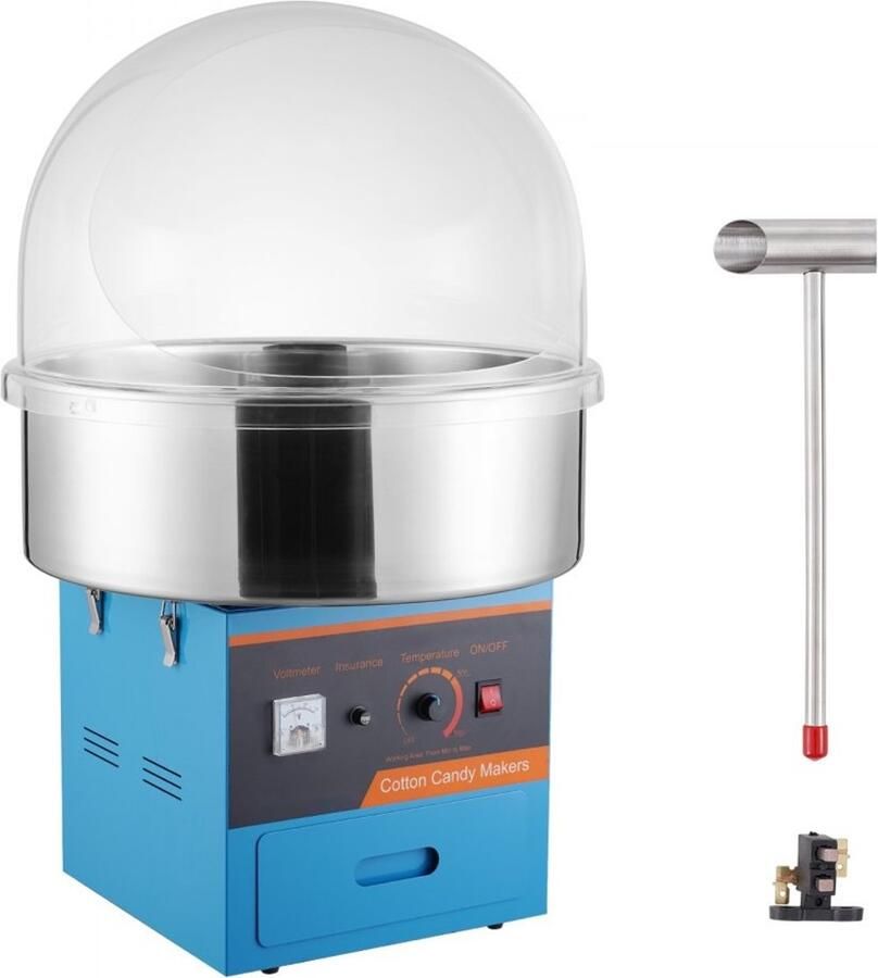 Suikerspinmachine Elektrisch 1000 W Commercieel Met Deksel RVS Kom Inclusief Suikerschep en Lade Blauw