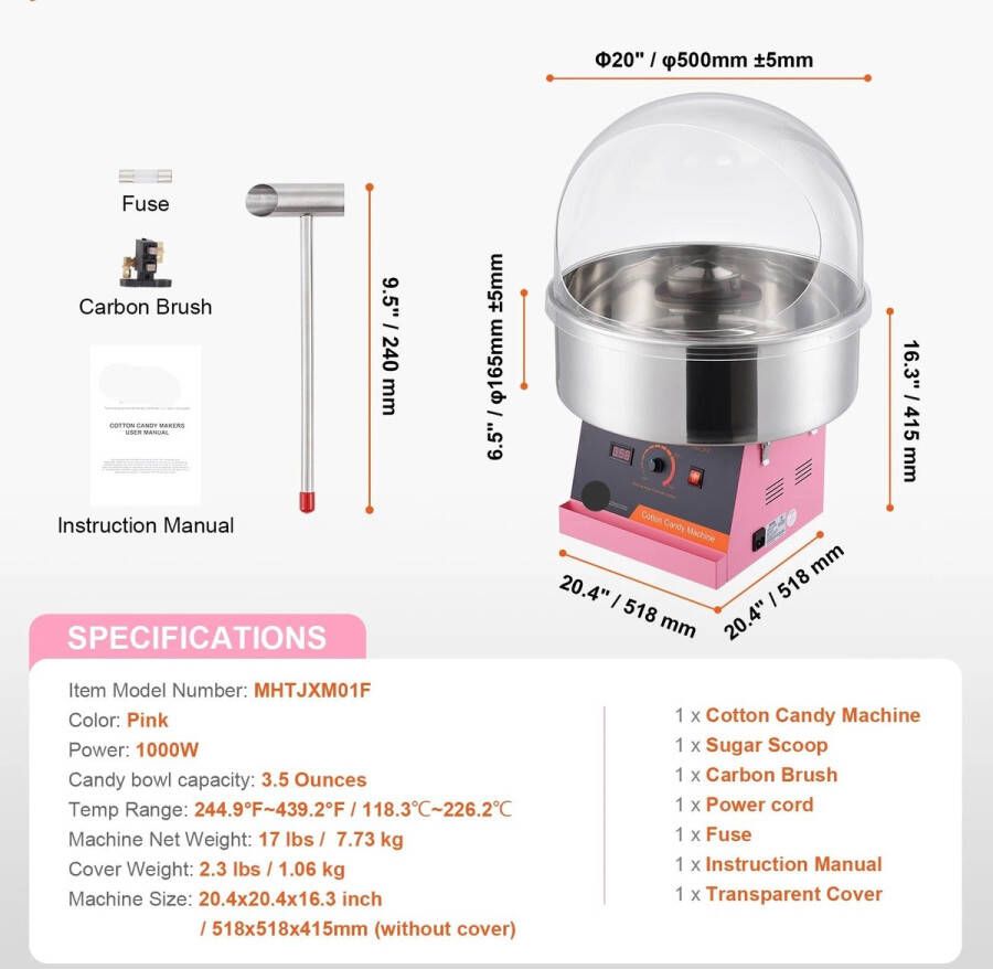 Suikerspinmachine Elektrisch Suikerspinmachines Mini Suikerspin Suikerspinmaker 1000W RVS Kom Instelbare Temperatuur Suikerschep Inclusief – Voor Feest Kermis & Evenementen Roze met Hoes