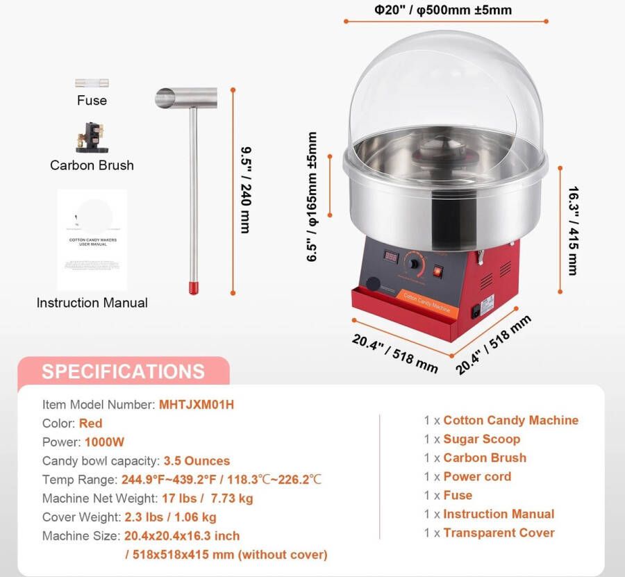 Suikerspinmachine Elektrisch Suikerspinmachines Mini Suikerspin Suikerspinmaker 1000W RVS Kom Instelbare Temperatuur Suikerschep Inclusief – Voor Feest Kermis & Evenementen Rood met Hoes