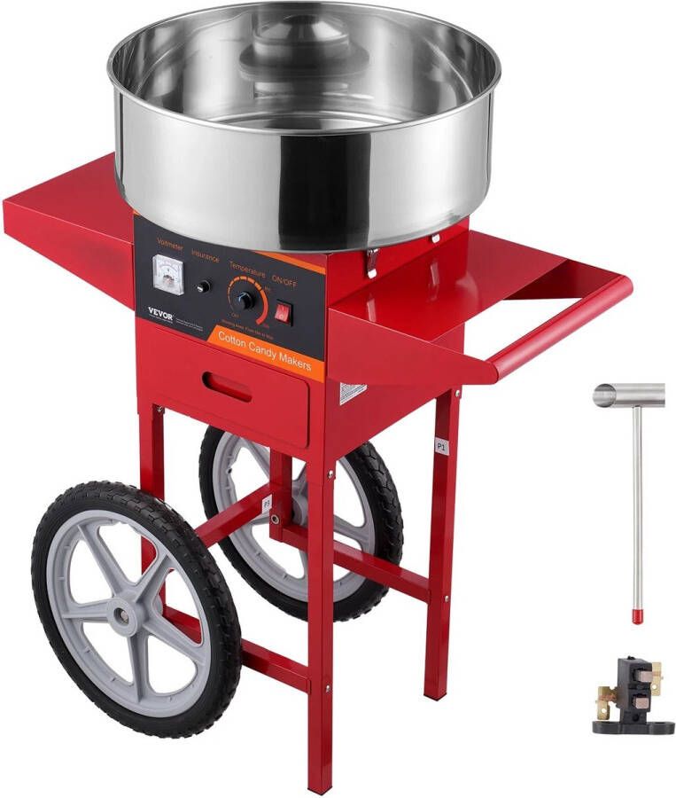 Vevor Suikerspinmachine Elektrisch Suikerspinmachines Mini Suikerspin Suikerspinmaker Instelbare Temperatuur Incl. Schep en Lade Voor Feestjes Kermis en Verjaardagen 1000W RVS Kom Rood met Kar