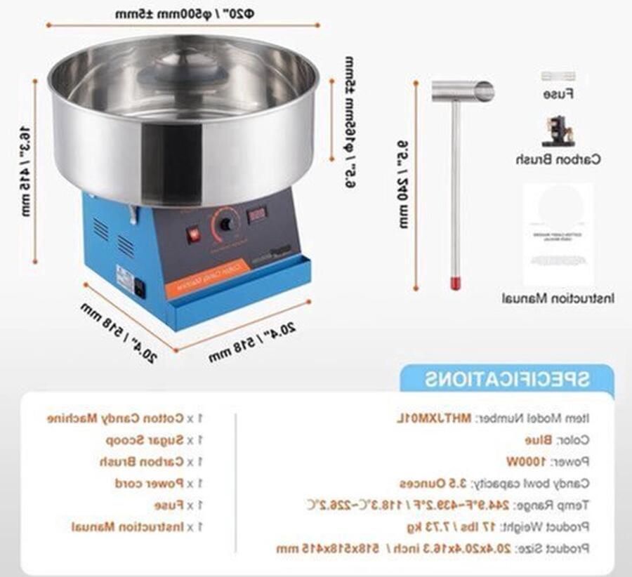 Suikerspinmachine Elektrisch Suikerspinmachines Mini Suikerspin Suikerspinmaker 1000W RVS Kom Instelbare Temperatuur Suikerschep Inclusief – Voor Feest Kermis & Evenementen Blauw