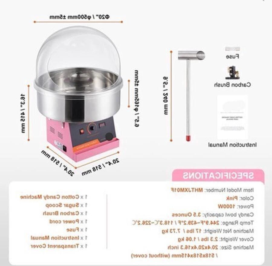 Suikerspinmachine Elektrisch Suikerspinmachines Mini Suikerspin Suikerspinmaker 1000W RVS Kom Instelbare Temperatuur Suikerschep Inclusief – Voor Feest Kermis & Evenementen Roze met Hoes
