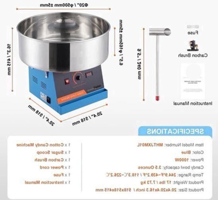 Suikerspinmachine Elektrisch Suikerspinmachines Mini Suikerspin Suikerspinmaker 1000W RVS Kom Instelbare Temperatuur Suikerschep Inclusief – Voor Feest Kermis & Evenementen Blauw