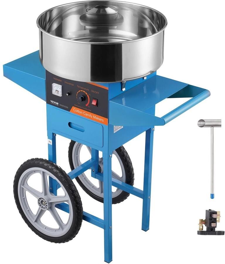 Vevor Suikerspinmachine Elektrisch Suikerspinmachines Mini Suikerspin Suikerspinmaker Instelbare Temperatuur Incl. Schep en Lade Voor Feestjes Kermis en Verjaardagen 1000W RVS Kom Blauw met Kar
