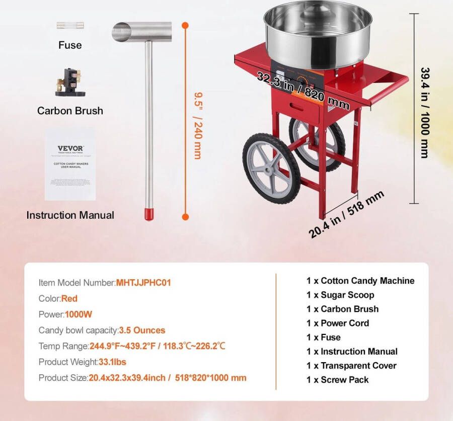 Suikerspinmachine Elektrische Suikerspinmachine met Kar suikerspinmachine Suikerspin Suiker Professionele Suikerspinner met Roestvrijstalen Kom en Lade Krachtige en Efficiënte Suikerspinner voor Feesten en Evenementen 1000W Rood