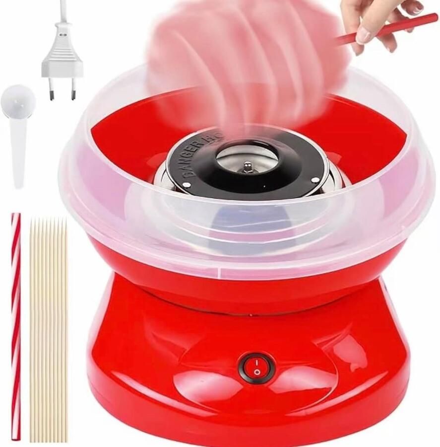 Suikerspinmachine met maatbeker en staafjes ideaal voor feestjes en evenementen rood