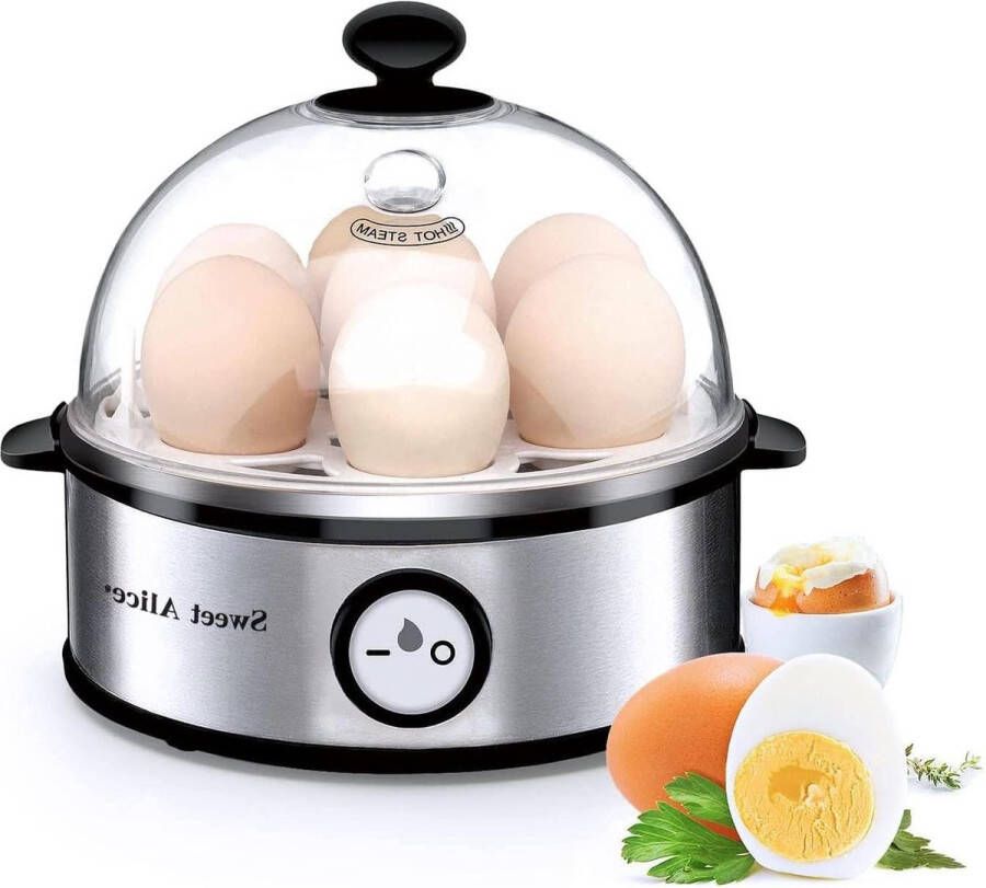Sweet Alice Eierkoker Roestvrij Staal Testwinnaar Eierkoker voor 1-7 eieren Hardheidsinstelling Indicatielampje Automatische uitschakeling Maatbeker Oververhittingsbeveiliging BPA-vrij