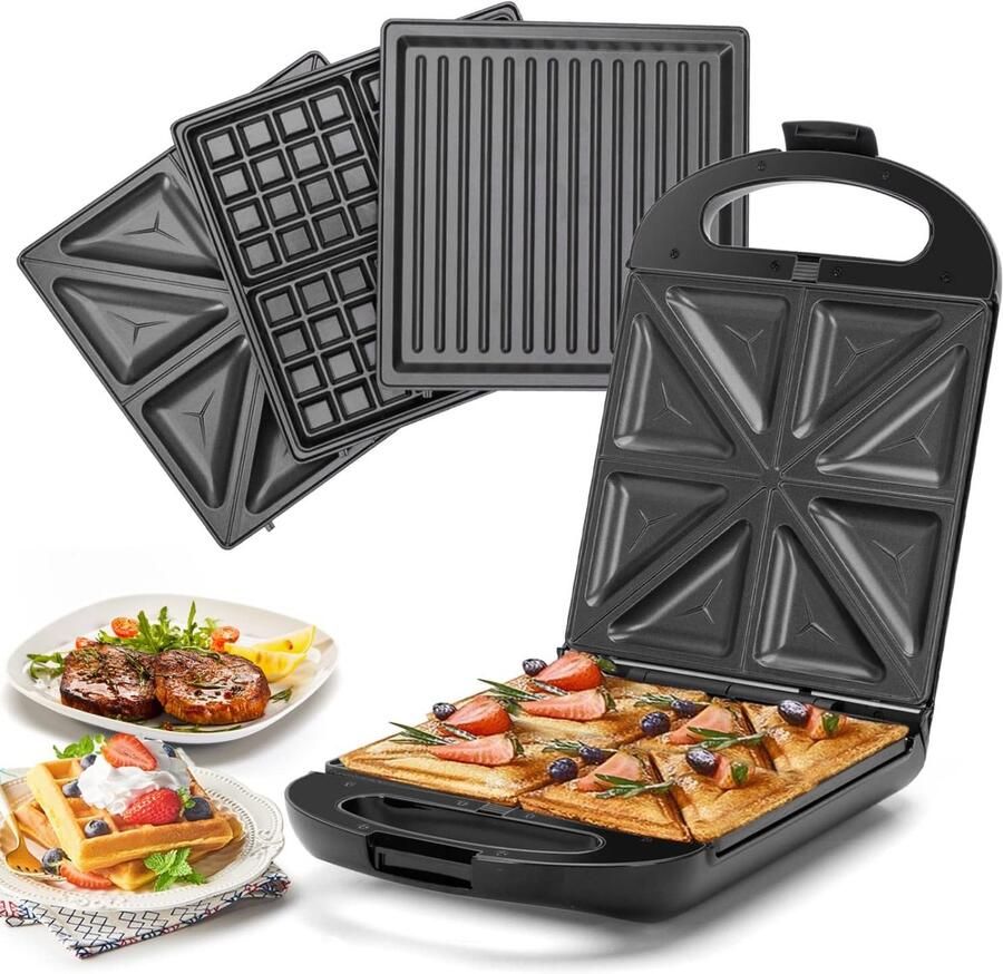 Swoden 3-in-1 Tosti-ijzer Wafelijzer en Panini Grill 1200 W Voor 4 Sandwiches Uitneembare Antiaanbakplaat 180 Graden Draaibaar Voor Snel en Gelijkmatig Bakken BPA-vrij Staal Zwart