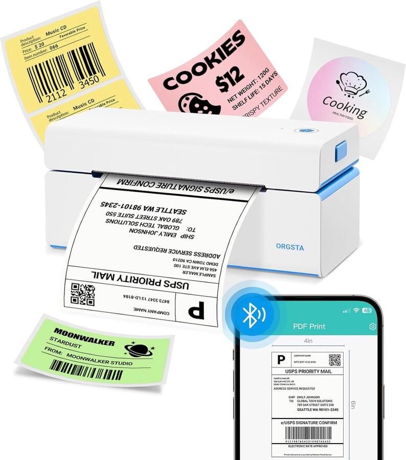 T001 Thermische Labelprinter 4x6 Verzendlabel Printer Bluetooth & USB 152 mm s Inktloos met Windows Mac Android iOS voor DPD Fedex DHL FBA e-commerce en logistiek gebruik