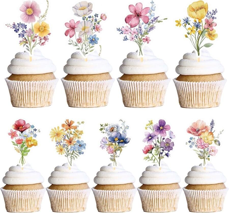 Taart 36 stuks bloemen taartdecoratie cupcake decoratie muffin decoratie cupcake-topper taartdecoratie verjaardag meisjes voor wilde bloemenfeesten