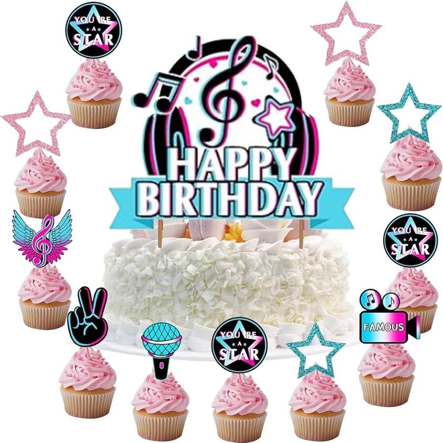 Taartdecoratie 14 stuks muziek cupcake- verjaardag muzieknoten caketop voor kinderen meisjes rok thema verjaardagsfeest taartdecoratie plugin