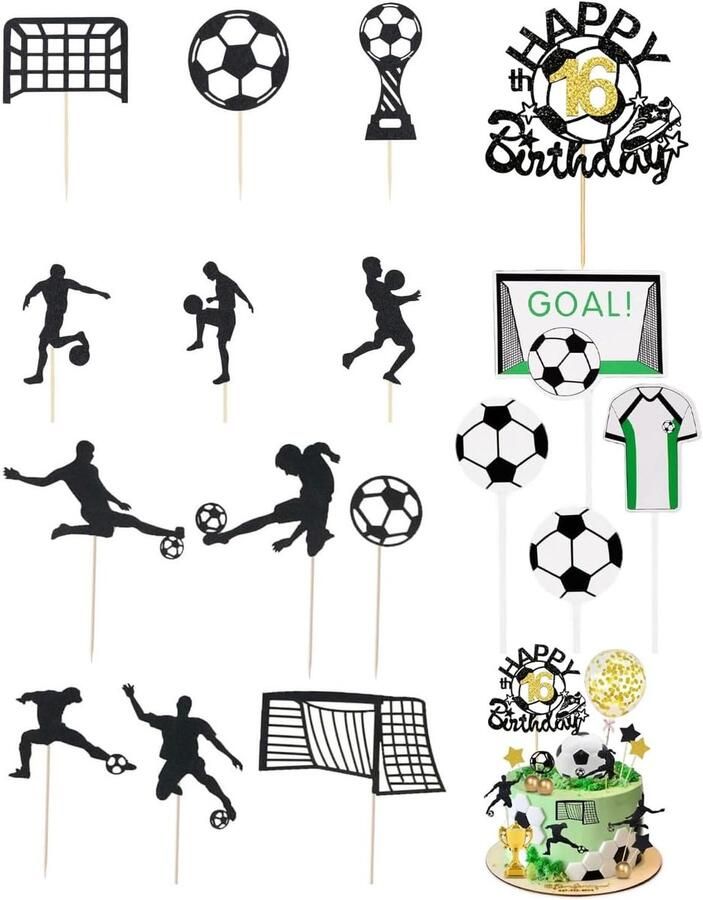 Taartdecoratie 16 jaar oud taarttoppers voetbal voor verjaardag kinderen jongen thema voetbal verjaardagstaart figuren
