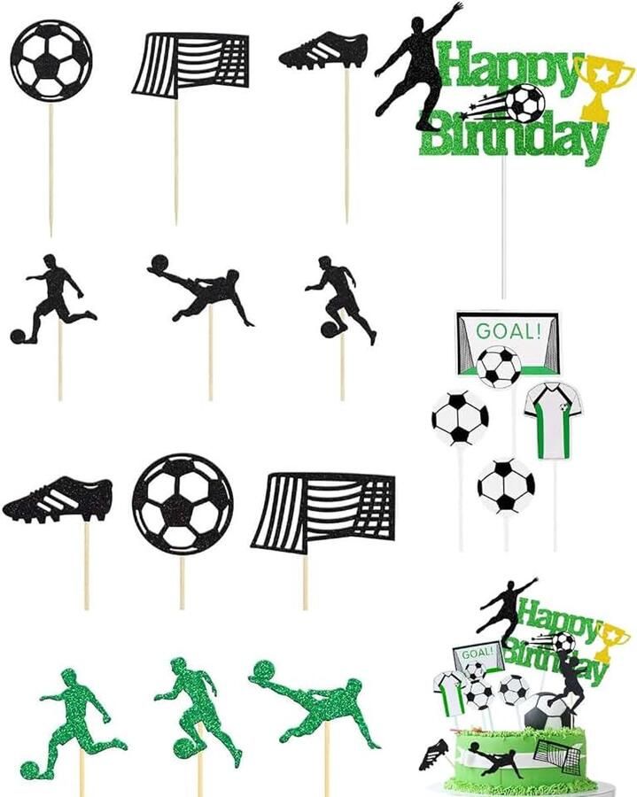 Taartdecoratie 18 stuks taarttoppers voetbal voor verjaardag kinderen jongen thema voetbal verjaardagstaart figuren N