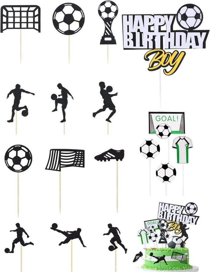 Taartdecoratie 18 stuks taarttoppers voetbal voor verjaardag kinderen jongen thema voetbal verjaardagstaart figuren G
