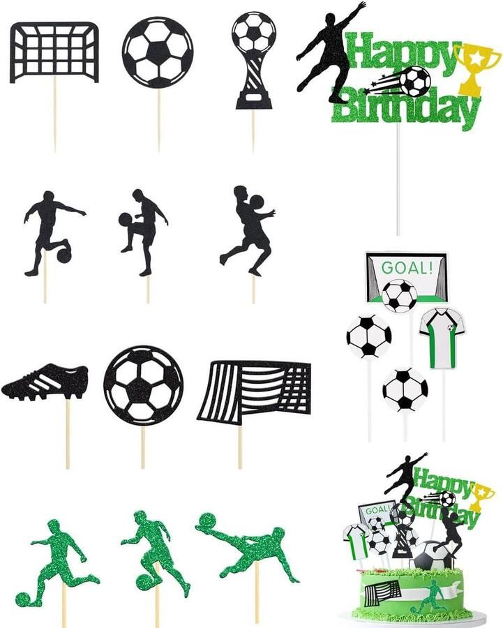 Taartdecoratie 18 stuks taarttoppers voetbal voor verjaardag kinderen jongen thema voetbal verjaardagstaart figuren K
