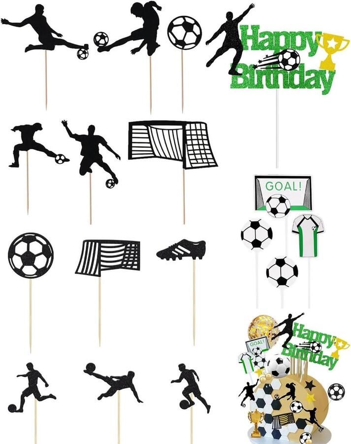 Taartdecoratie 18 stuks taarttoppers voetbal voor verjaardag kinderen jongen thema voetbal verjaardagstaart figuren L