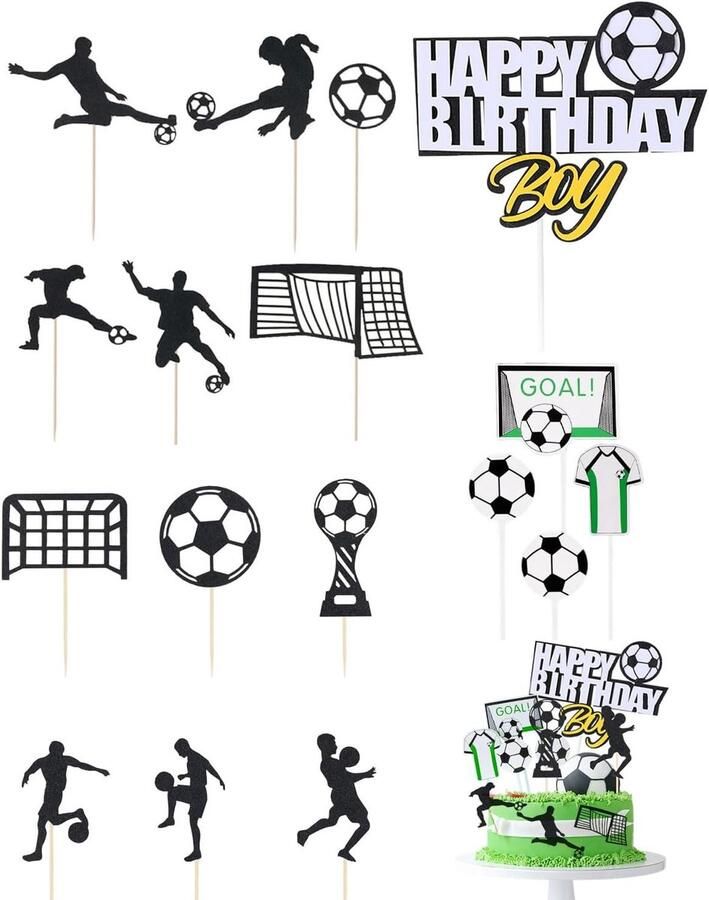 Taartdecoratie 18 stuks taarttoppers voetbal voor verjaardag kinderen jongen thema voetbal verjaardagstaart figuren A