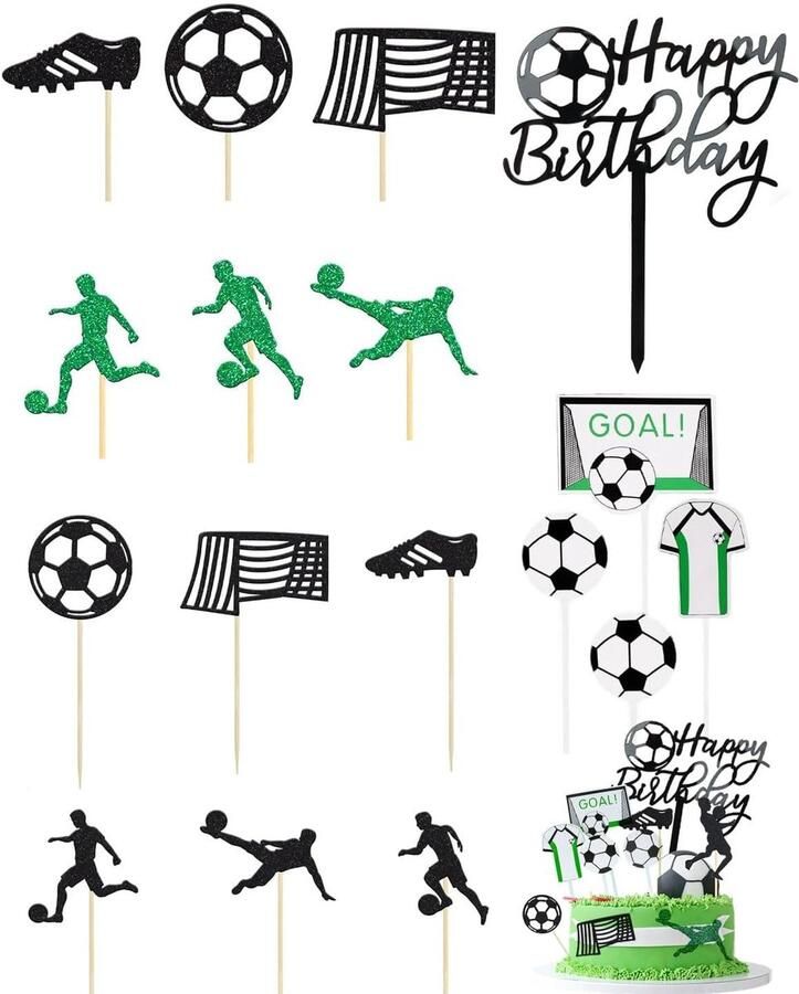 Taartdecoratie 18 stuks taarttoppers voetbal voor verjaardag kinderen jongen thema voetbal verjaardagstaart figuren F