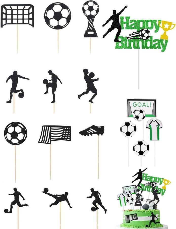 Taartdecoratie 18 stuks taarttoppers voetbal voor verjaardag kinderen jongen thema voetbal verjaardagstaart figuren J