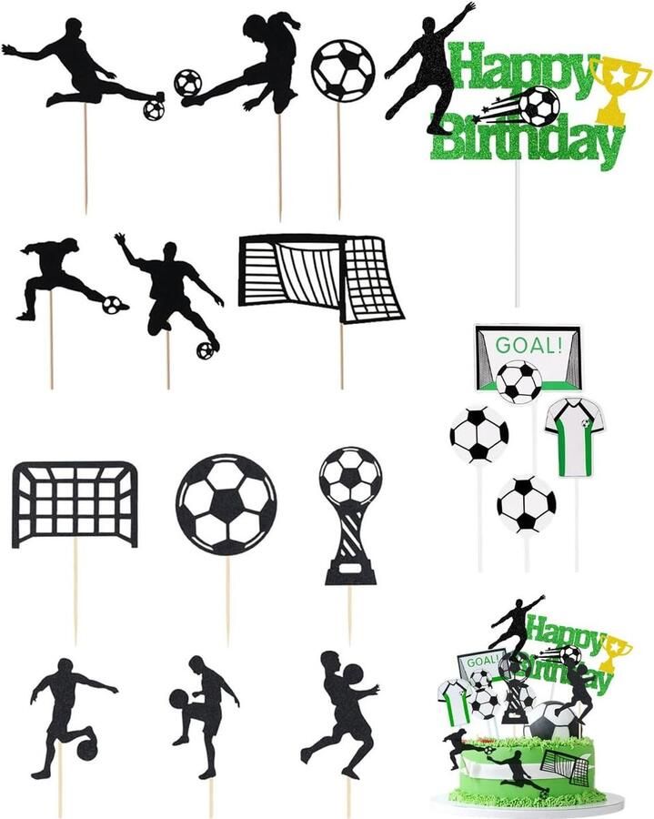 Taartdecoratie 18 stuks taarttoppers voetbal voor verjaardag kinderen jongen thema voetbal verjaardagstaart figuren I